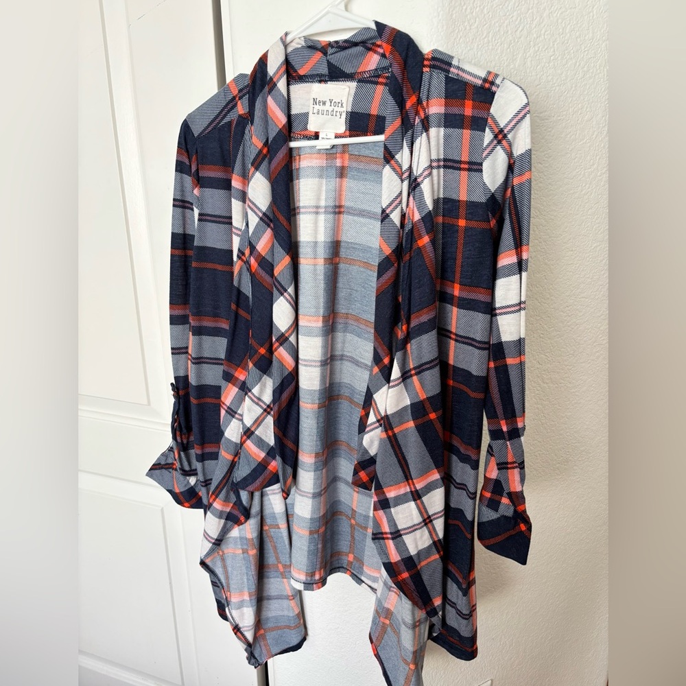 New York Laundry Navy and Red Plaid Cardigan